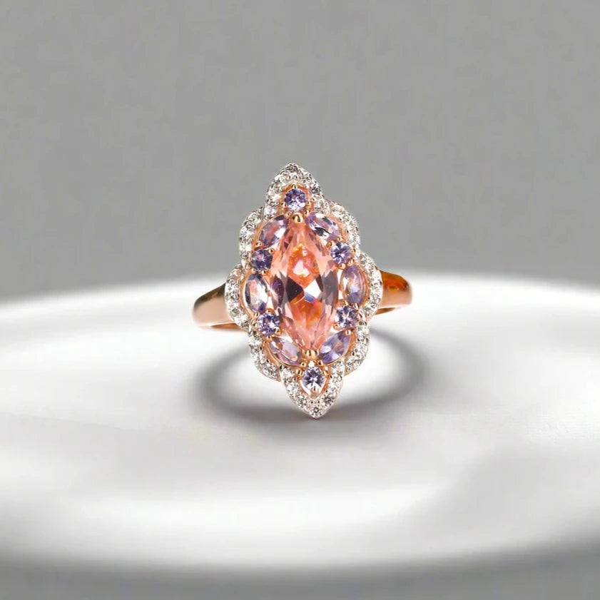 Vintage Marquise-cut Morganite Halo Engagement Ring-Black Diamonds New York