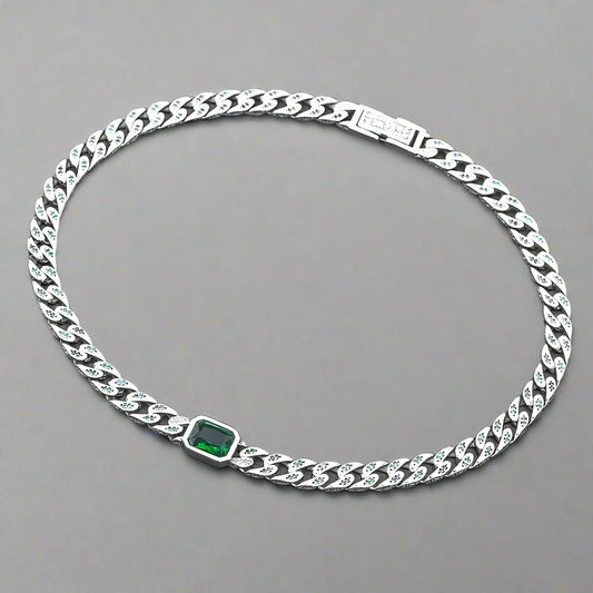 Green Cushion-cut Stone Cuban Clavicle Chain Necklace-Black Diamonds New York