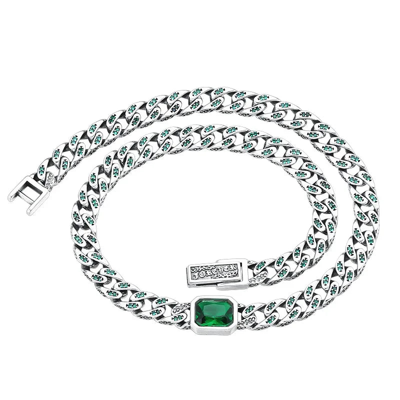 Green Cushion-cut Stone Cuban Clavicle Chain Necklace-Black Diamonds New York