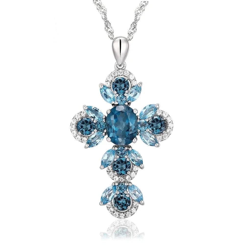 Oval-cut Natural London Blue Topaz Gemstone Cross Necklace-Black Diamonds New York