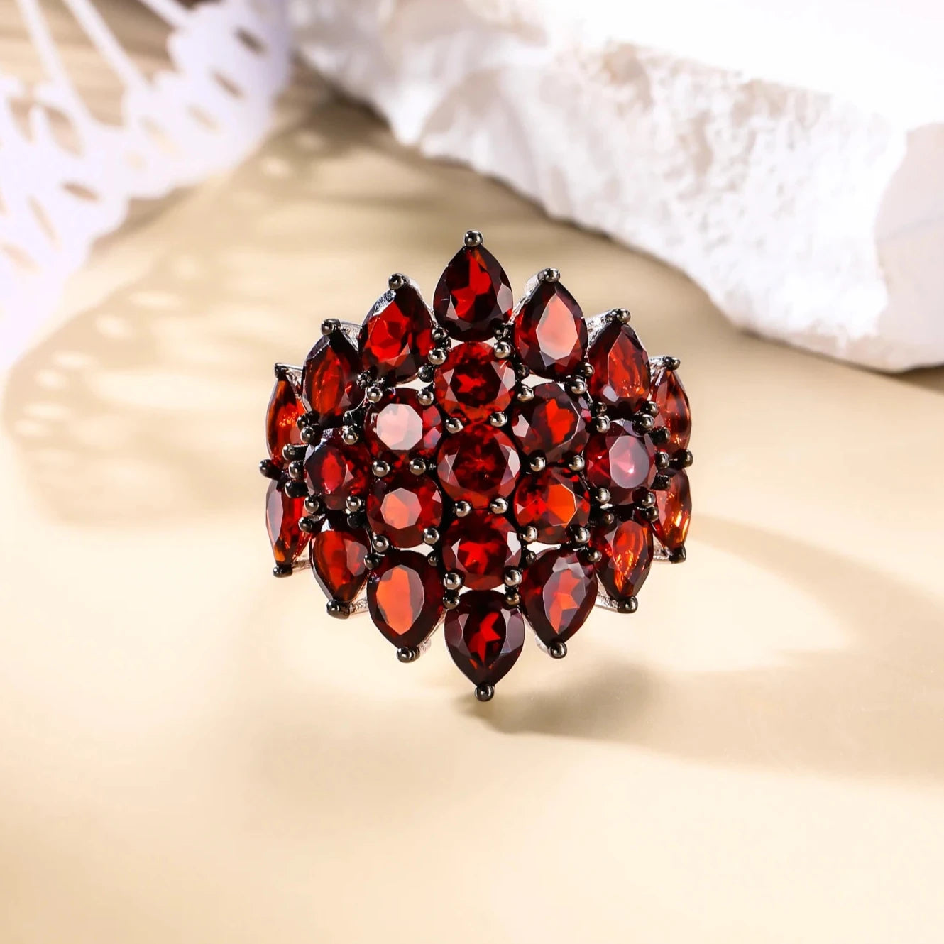 Unique Natural Red Garnet Gemstone Ring-Black Diamonds New York