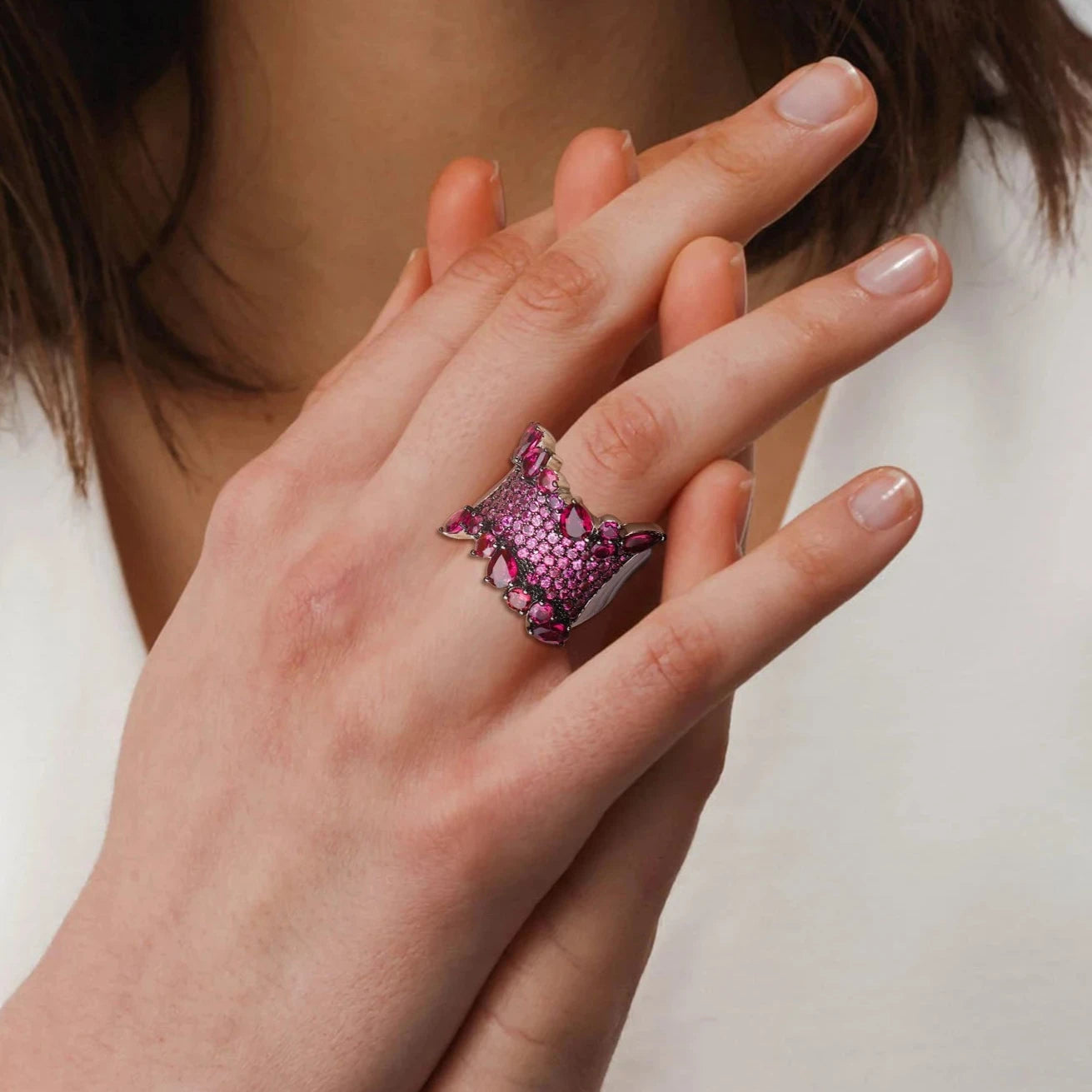 Natural Rhodolite Garnet Bohemian Ring-Black Diamonds New York