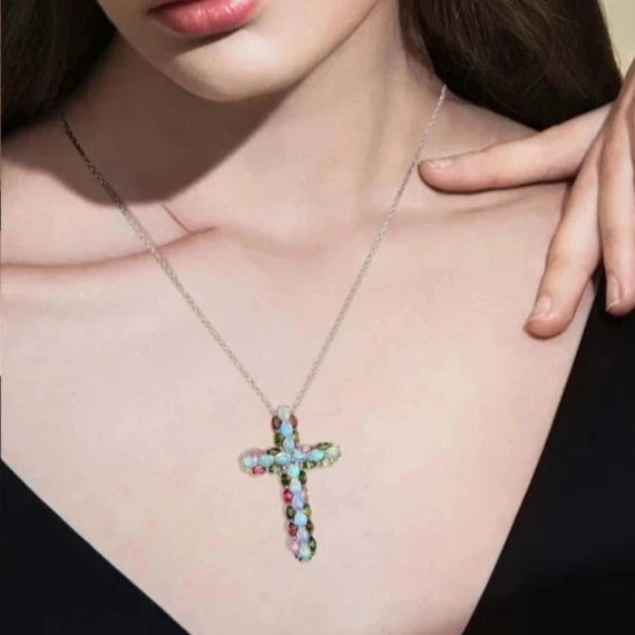 Oval cut Created Opal & Multi Gemstones Cross Pendant Necklace-Black Diamonds New York