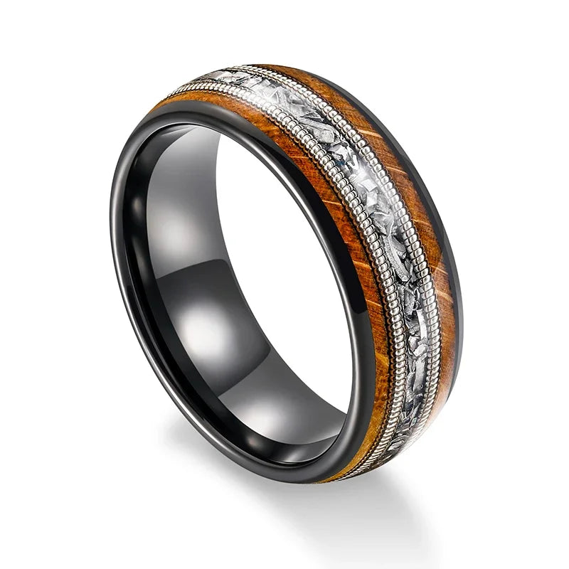 Whiskey Barrel Wood and Guitar Strings Inlay Tungsten Carbide Ring-Black Diamonds New York