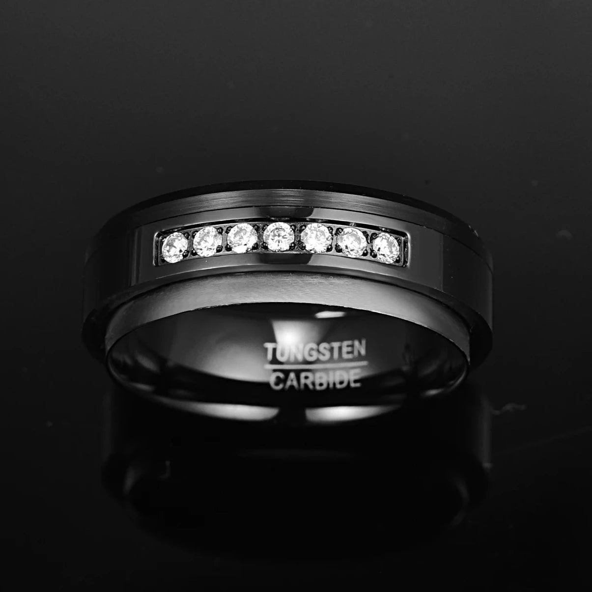 Black Tungsten Carbide Men's Ring with Created Diamond Inlay-Black Diamonds New York