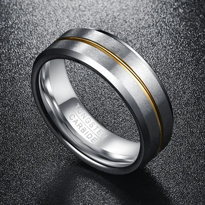 Beveled Edge Tungsten Carbide Men's Ring with Gold Line Inlay-Black Diamonds New York