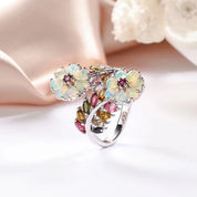 Natural Opal & Tourmaline Gemstone Flower Ring-Black Diamonds New York