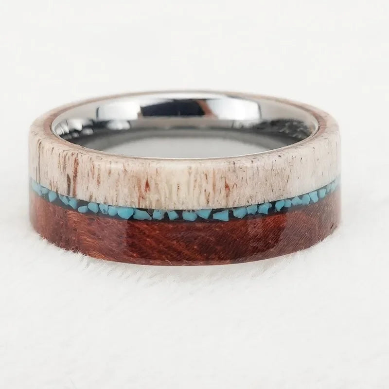 Redwood, Turquoise, and Deer Antler Inlay Tungsten Carbide Men's Ring-Black Diamonds New York