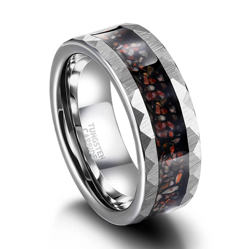 Dinosaur Bone Metal Slag Inlaid Hammered Edge Tungsten Carbide Ring-Black Diamonds New York