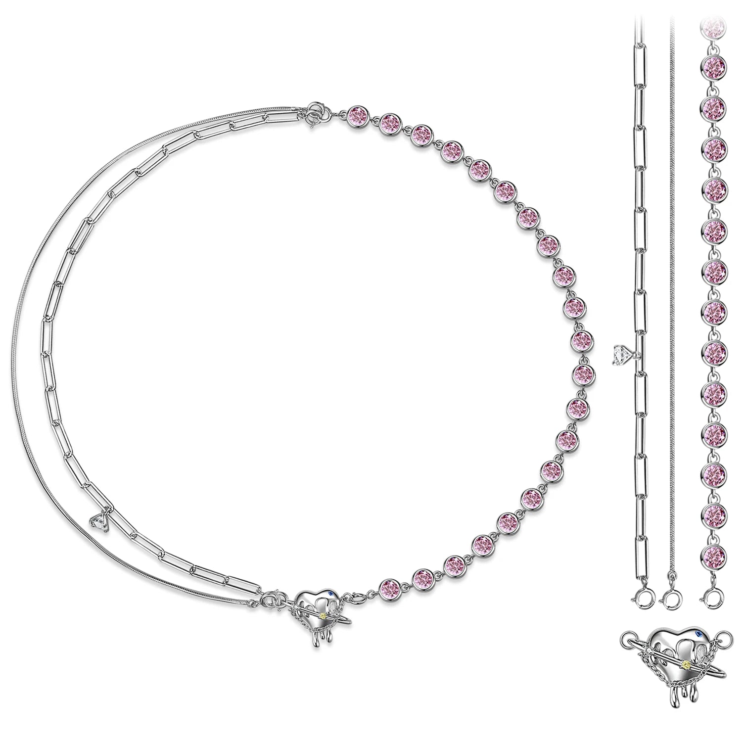 Pink Stone & Heart Shaped Molten Drop Necklace-Black Diamonds New York