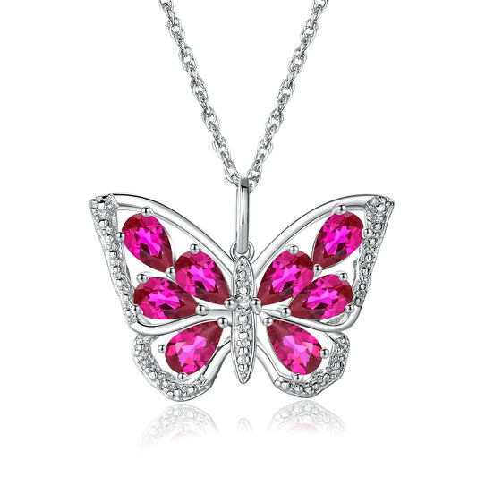 1.9ct Pear Cut Created Ruby Gemstone Butterfly Pendant Necklace-Black Diamonds New York