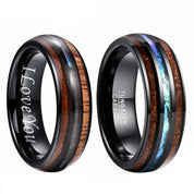 Koa Wood and Abalone Shell Inlay Tungsten Carbide Men's Ring-Black Diamonds New York