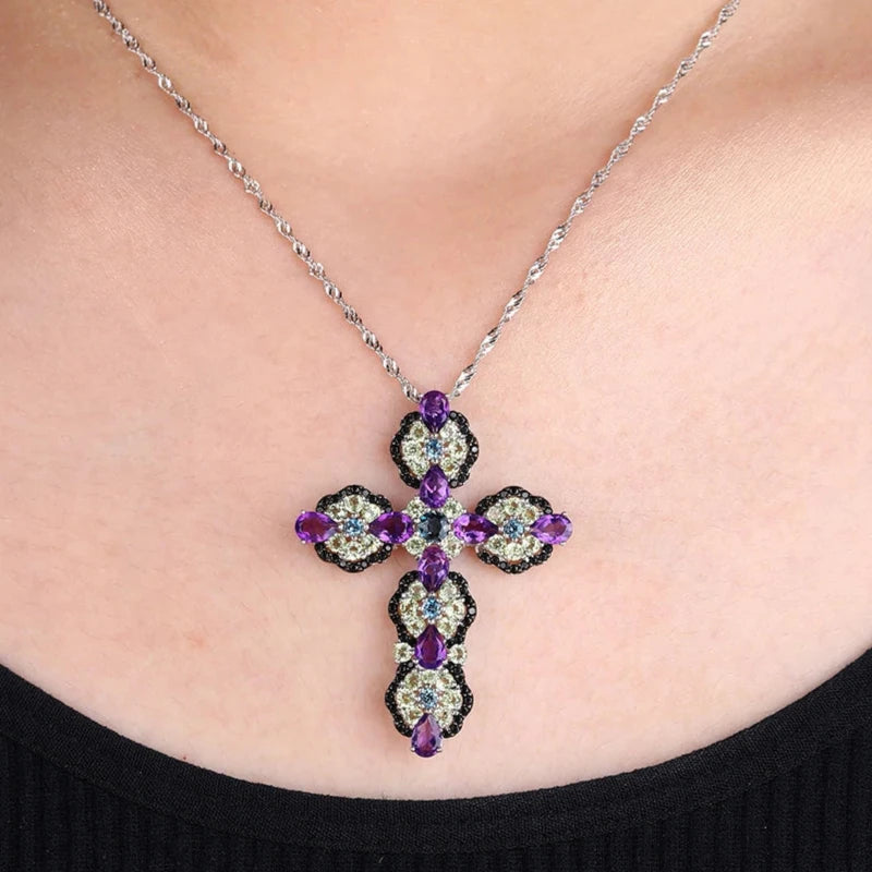 Natural Topaz and Amethyst Gemstone Cross Pendant Necklace-Black Diamonds New York