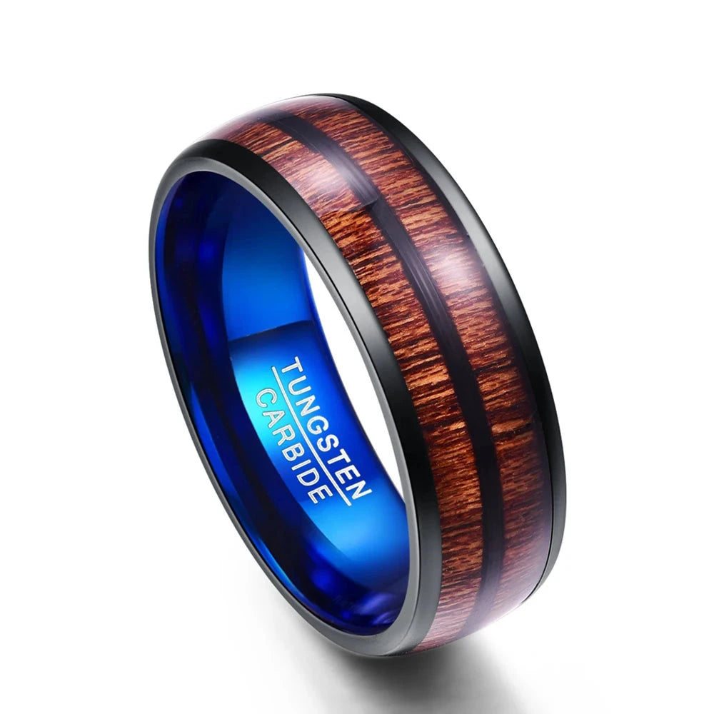 Black and Blue Dome Double Groove Acacia Wood Inlaid Tungsten Men's Ring-Black Diamonds New York