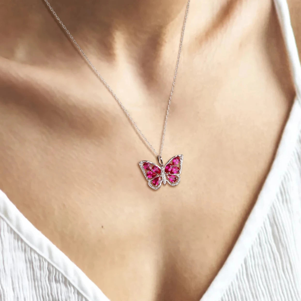 1.9ct Pear Cut Created Ruby Gemstone Butterfly Pendant Necklace-Black Diamonds New York