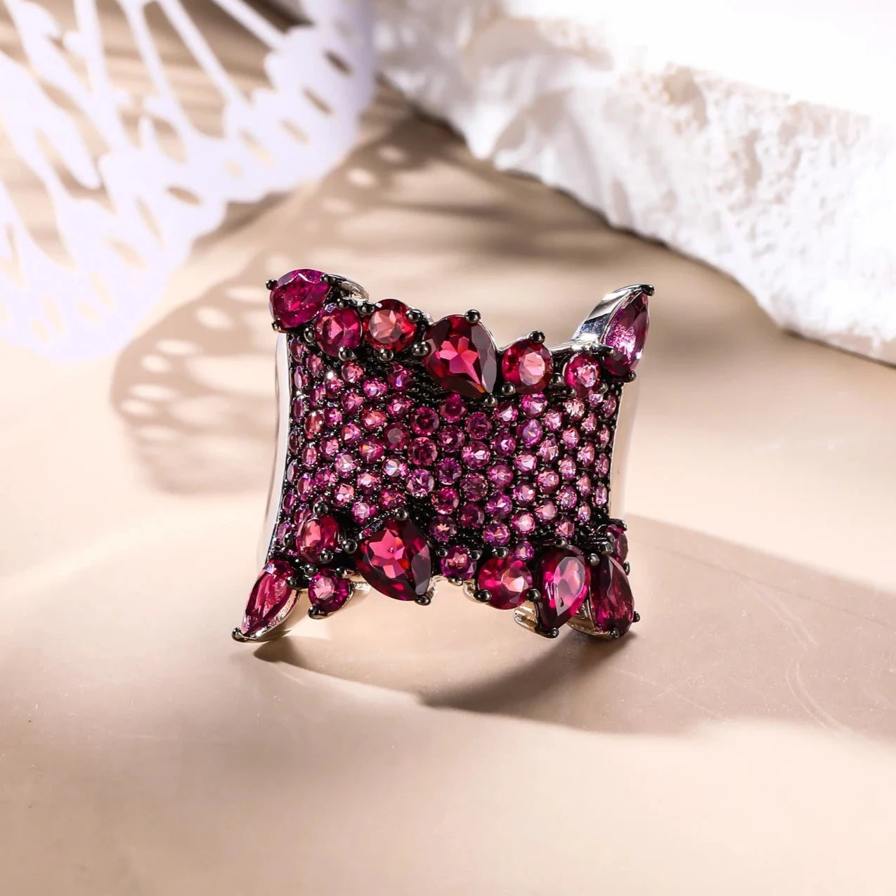 Natural Rhodolite Garnet Bohemian Ring-Black Diamonds New York