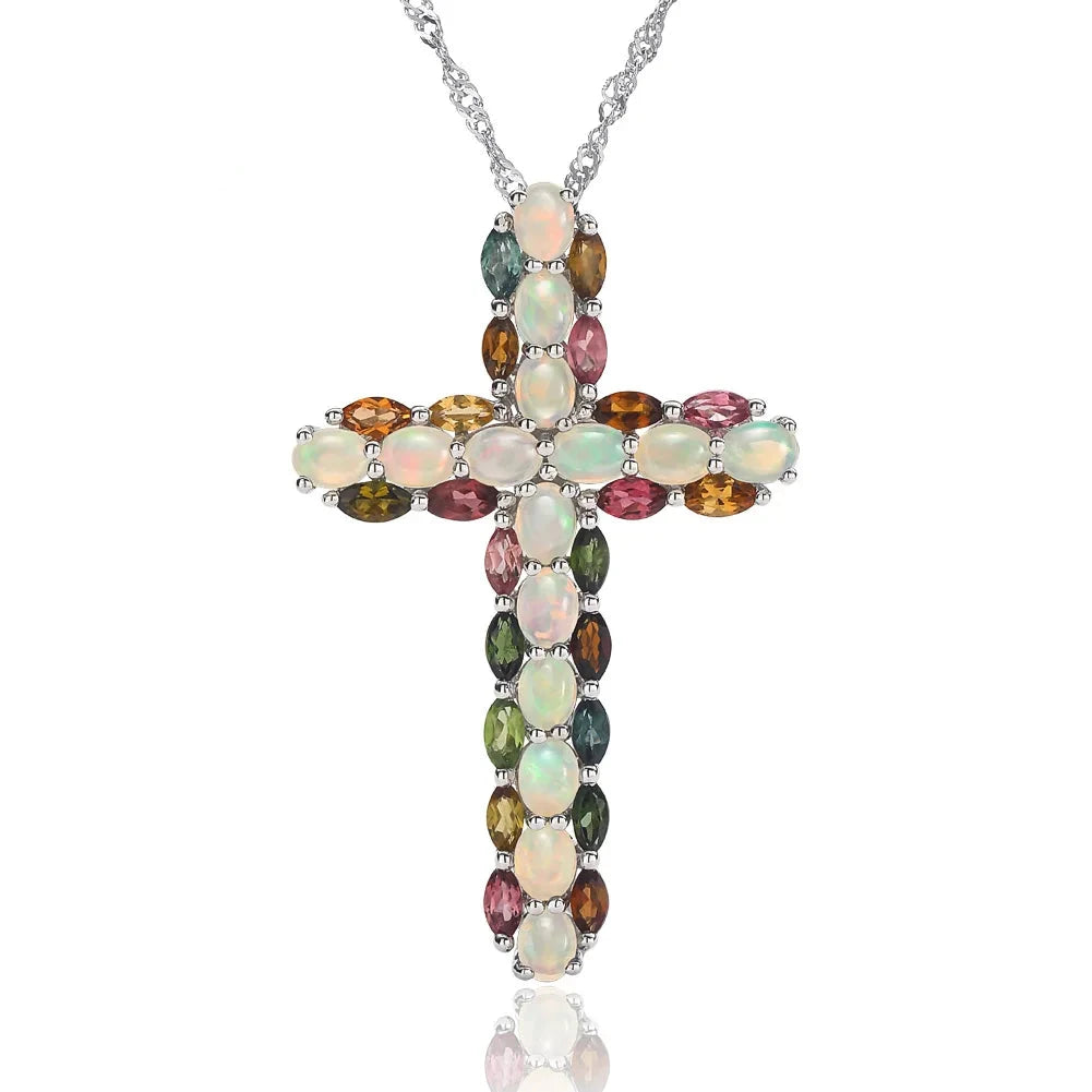 Oval cut Created Opal & Multi Gemstones Cross Pendant Necklace-Black Diamonds New York