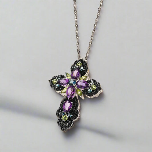 Bohemian Natural Multicolor Natural Gemstones Cross Necklace-Black Diamonds New York