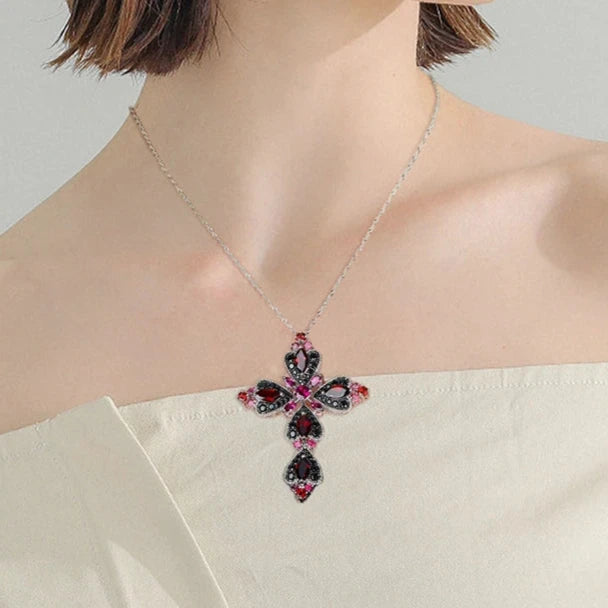 Created Rhodolite Garnet & Black Spinel Cross Bohemian Pendant Necklace-Black Diamonds New York