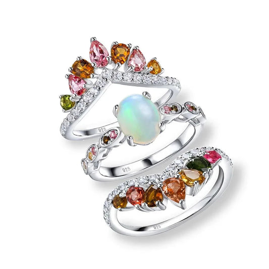 3-Piece Natural Opal Tourmaline Gems Ring Set-Black Diamonds New York