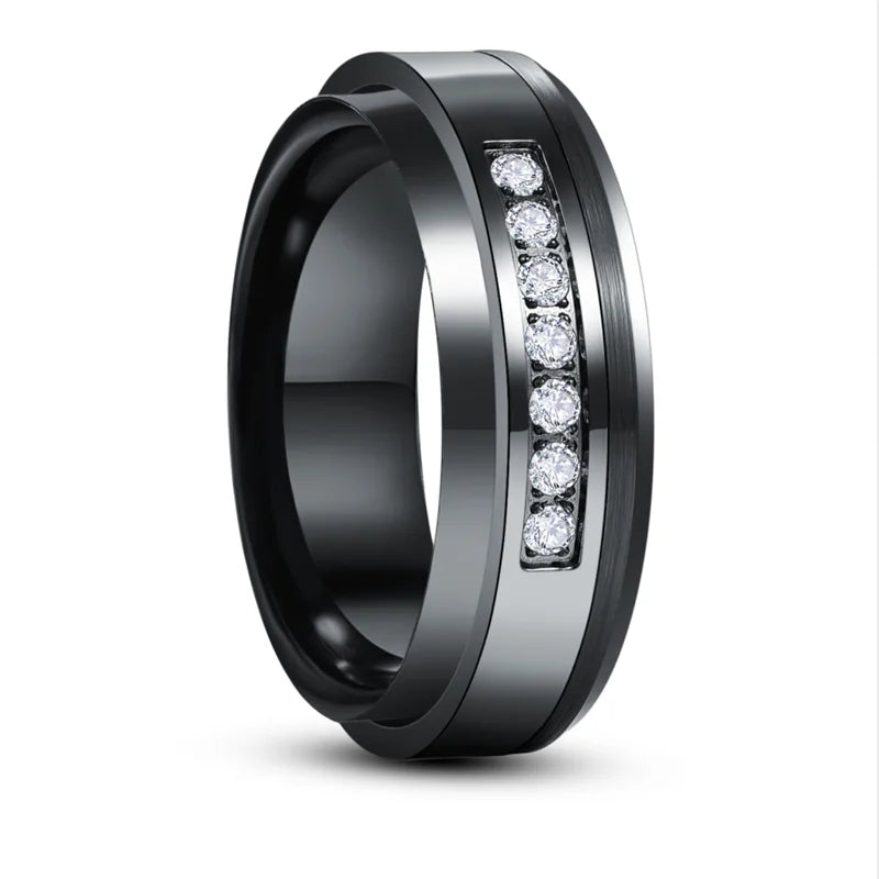 Black Tungsten Carbide Men's Ring with Created Diamond Inlay-Black Diamonds New York