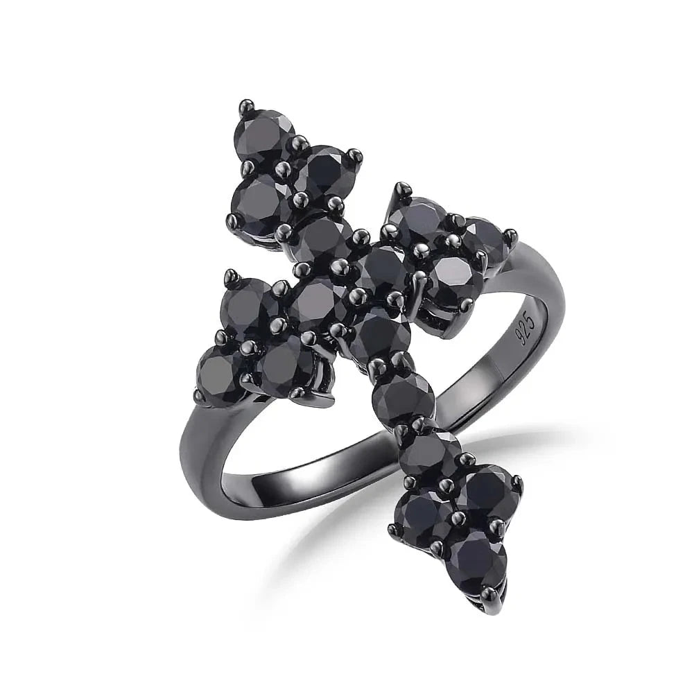 Round-cut Natural Black Spinel Gothic Cross Ring-Black Diamonds New York