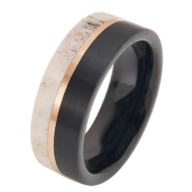 Matte Brush Tungsten Carbide Men's Ring with Deer Antler Inlay-Black Diamonds New York