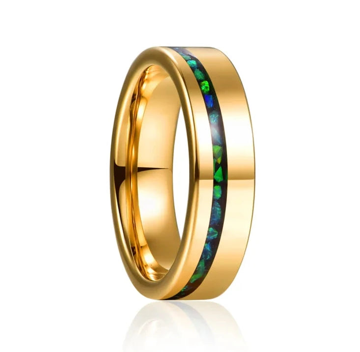 Green Opal Inlay Yellow Gold Tungsten Carbide Men's Ring-Black Diamonds New York