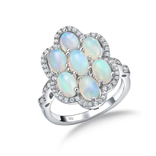 Sparkling Natural Opal Gemstone Halo Ring-Black Diamonds New York