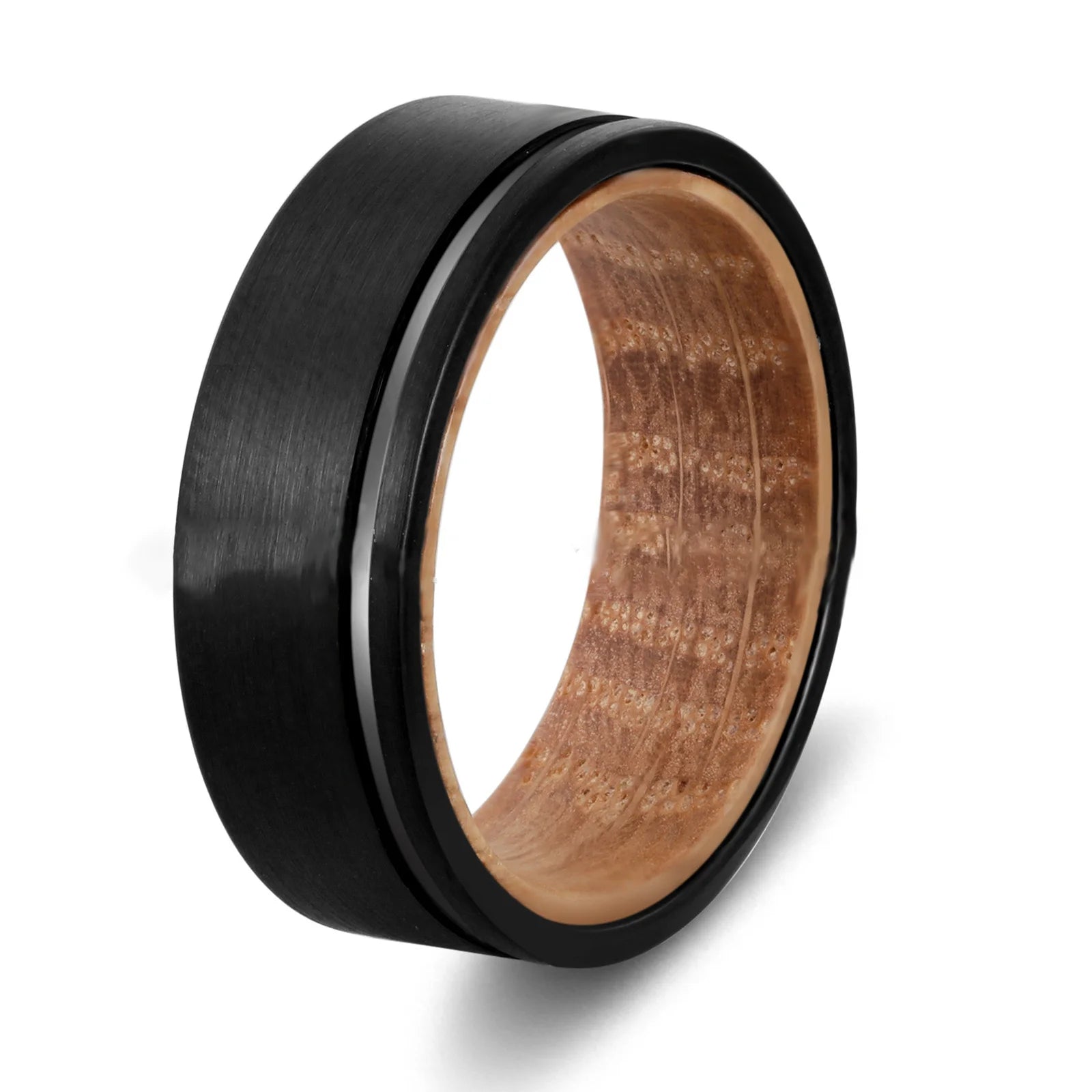 Groove Matte Finish with Inlay Wood Tungsten Carbide Men's Ring-Black Diamonds New York