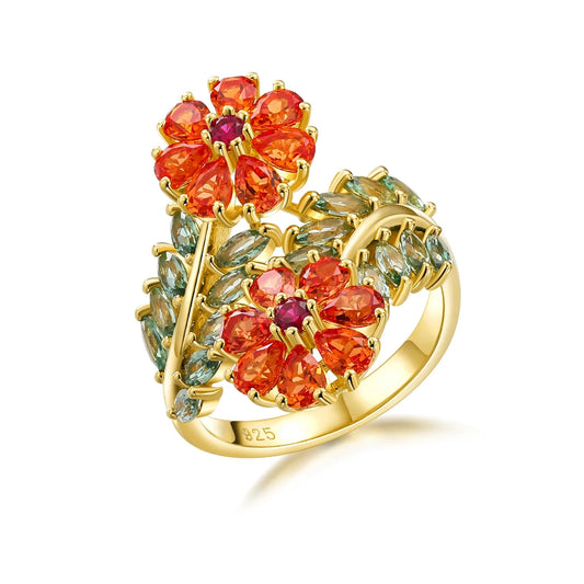 Colorful Natural Tourmaline & Orange Corundum Flower Ring-Black Diamonds New York