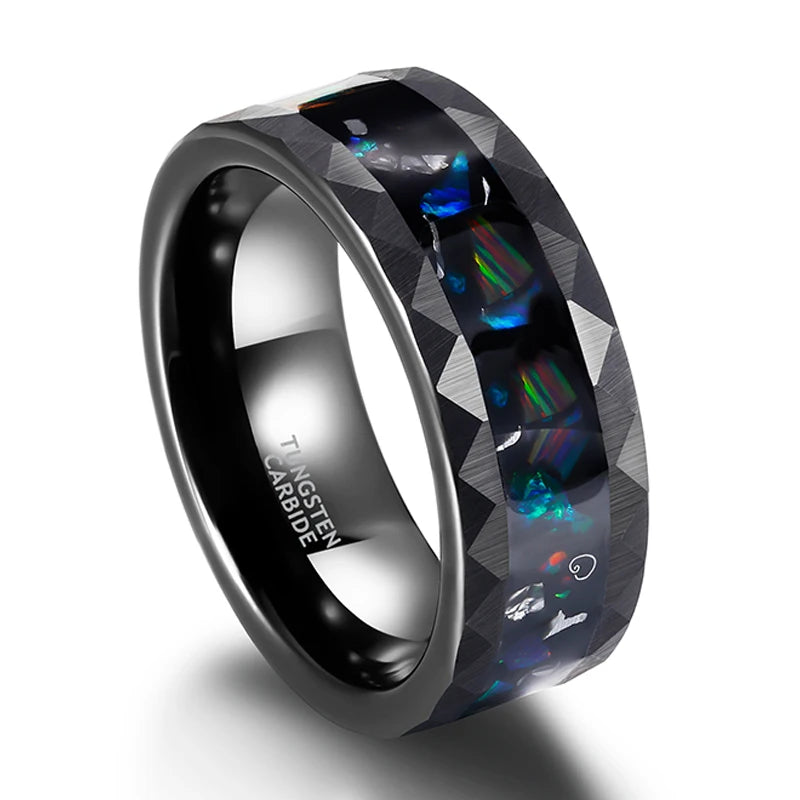 Opal and Metal Slag Inlay Hammered Black Tungsten Carbide Ring-Black Diamonds New York