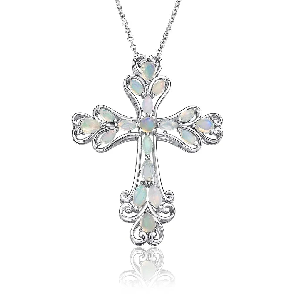 Oval cut Created Opal & Multi Gemstones Cross Pendant Necklace-Black Diamonds New York