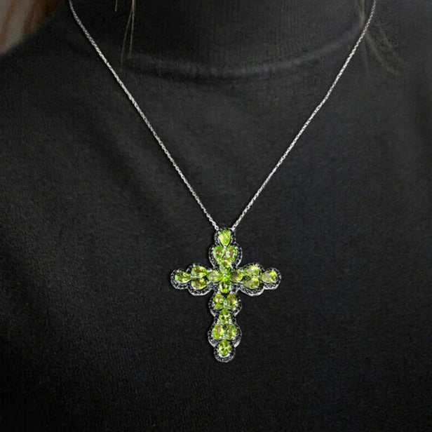 Pear-cut Peridot with Black Spinel Cross Pendant Necklace-Black Diamonds New York