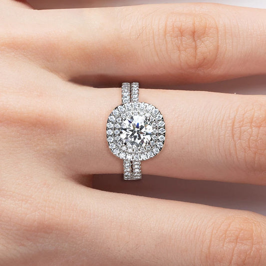 1.0 Ct Round Diamond Double Halo Engagement Ring Set-Black Diamonds New York