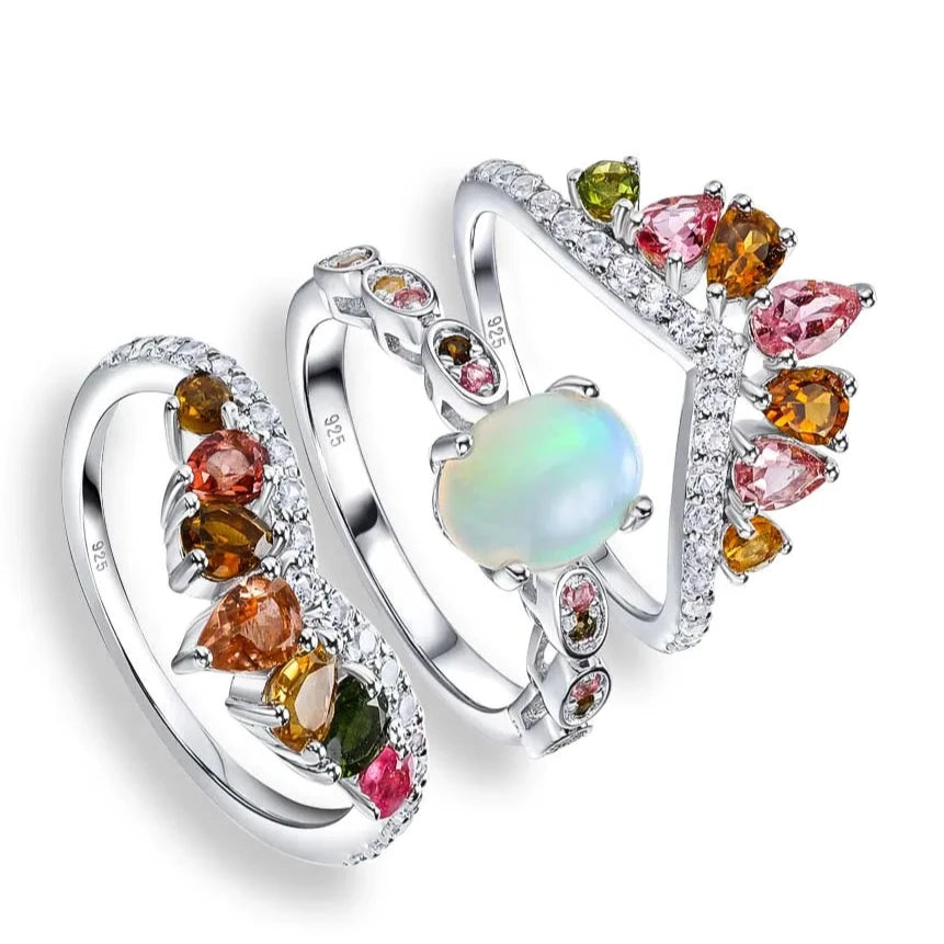 3-Piece Natural Opal Tourmaline Gems Ring Set-Black Diamonds New York