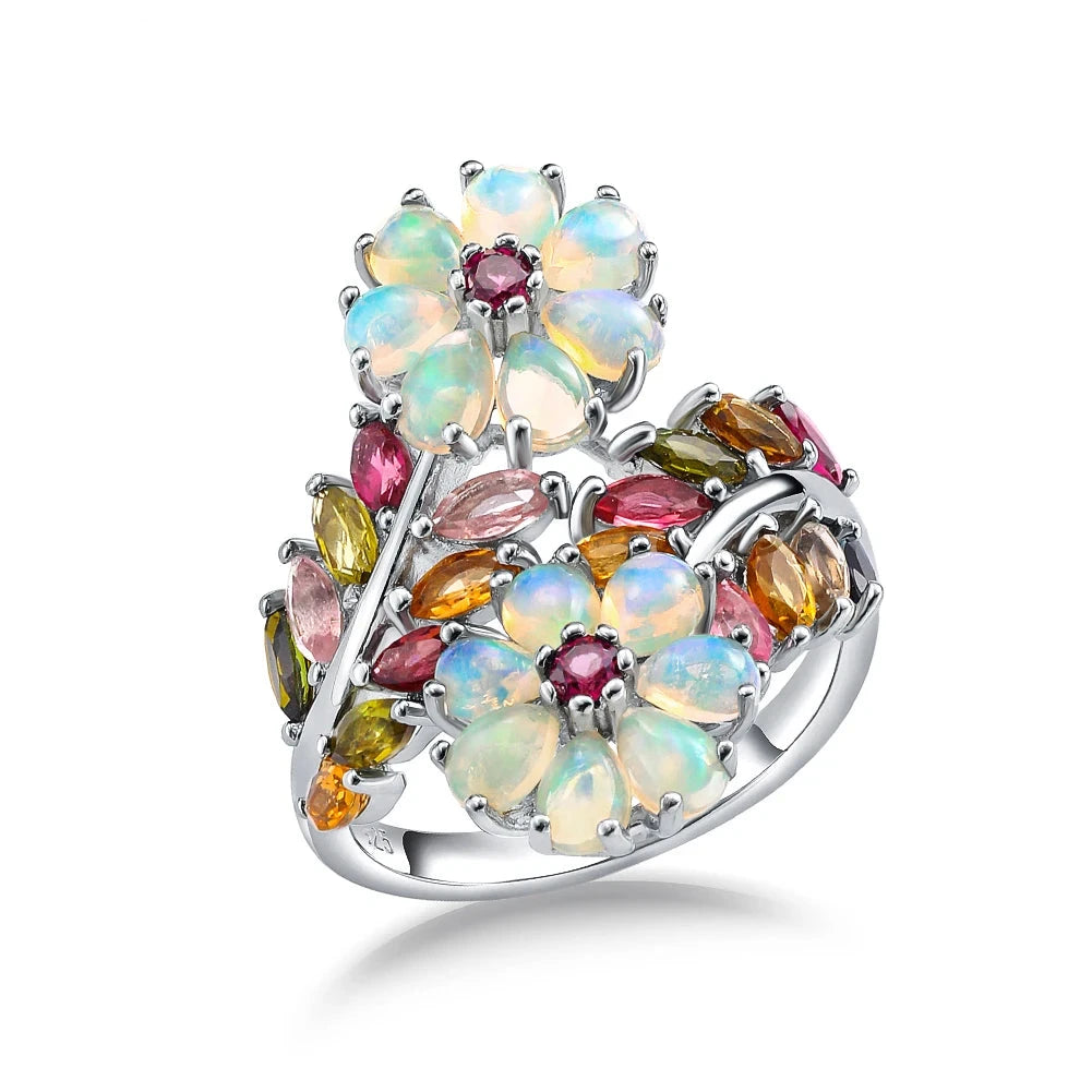 Natural Opal & Tourmaline Gemstone Flower Ring-Black Diamonds New York