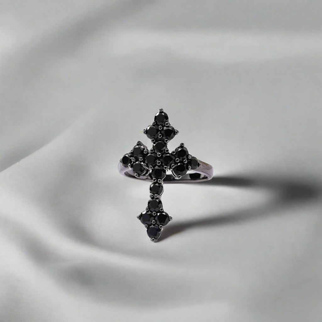 Round-cut Natural Black Spinel Gothic Cross Ring-Black Diamonds New York