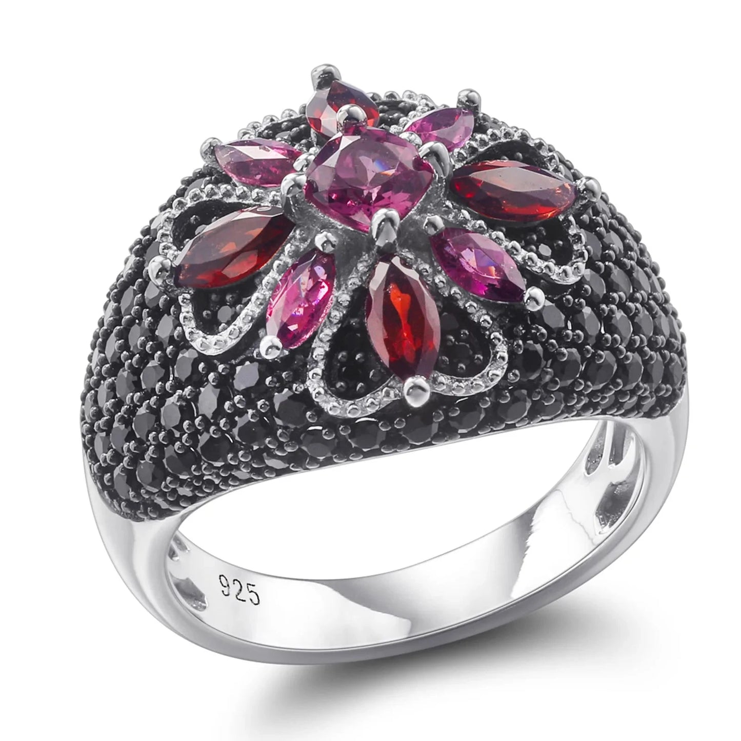 Marquise-cut Natural Rhodolite Garnet Bohemian Ring-Black Diamonds New York