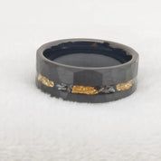 Meteorite Chip Gold Foil Inlay Hammer Tungsten Carbide Men's Ring-Black Diamonds New York