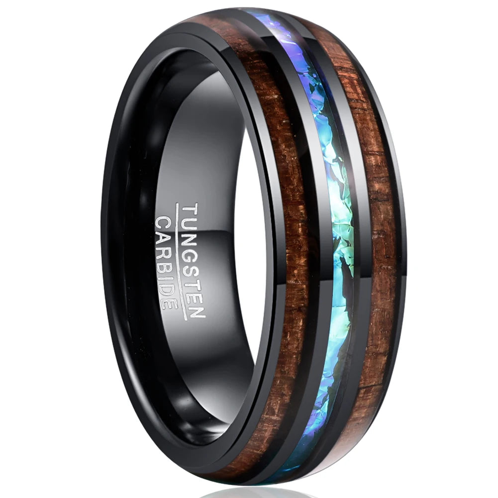 Koa Wood and Abalone Shell Inlay Tungsten Carbide Men's Ring-Black Diamonds New York