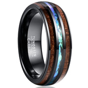 Koa Wood and Abalone Shell Inlay Tungsten Carbide Men's Ring-Black Diamonds New York