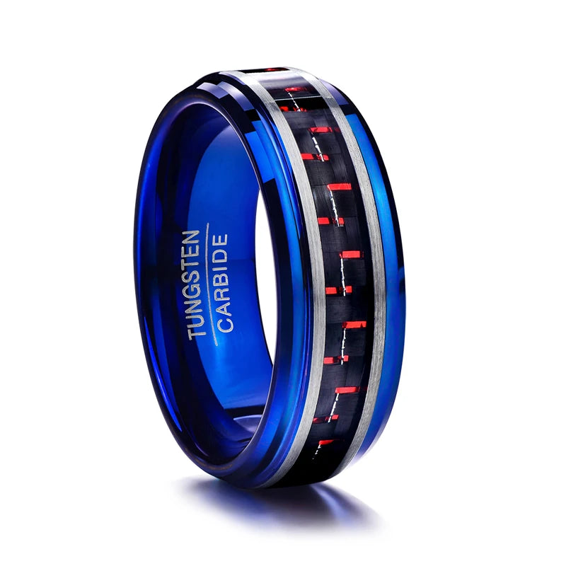 Blue Beveled Edge Tungsten Men's Ring with Red Carbon Fiber Inlay-Black Diamonds New York