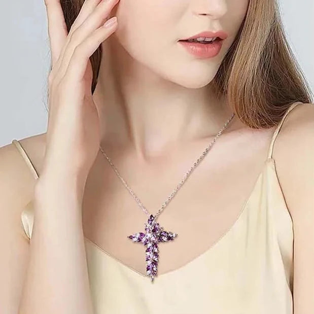 Elegant Amethyst and Tanzanite Marquise-Cut Cross Pendant Necklace-Black Diamonds New York