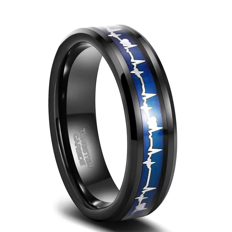 Black Tungsten Carbide Men's Ring with Heart Beat Blue Inlay-Black Diamonds New York