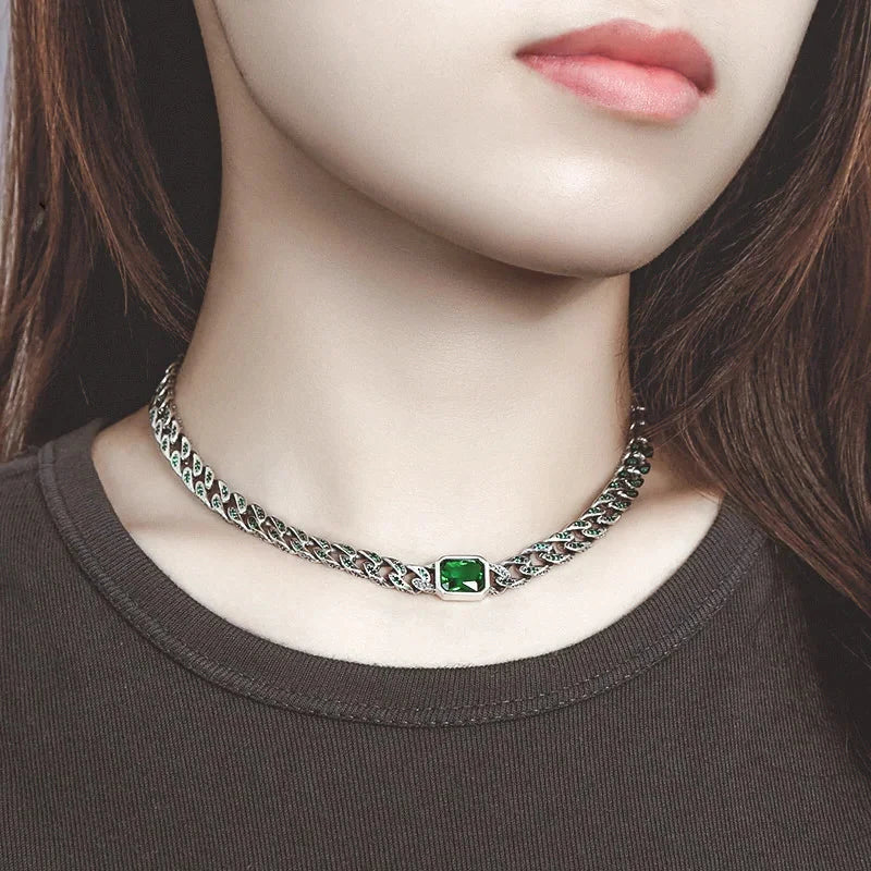 Green Cushion-cut Stone Cuban Clavicle Chain Necklace-Black Diamonds New York