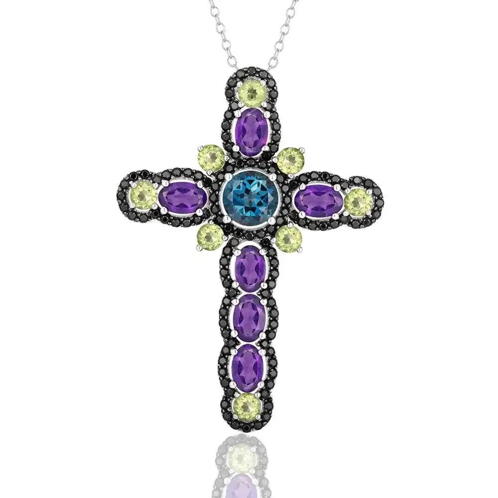 Mystical Multi-gems Cross Pendant Necklace-Black Diamonds New York