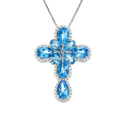 Pear-cut Natural Swiss Blue Halo Cross Necklace-Black Diamonds New York