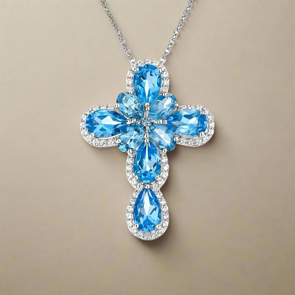 Pear-cut Natural Swiss Blue Halo Cross Necklace-Black Diamonds New York