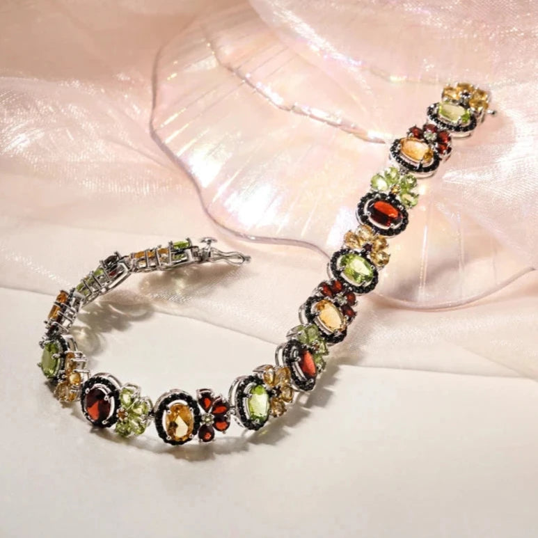 Oval-cut Natural Multi Gemstone Flower Halo Bracelet-Black Diamonds New York